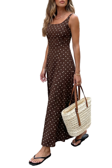 Brown Polka Dot Print Square Neck Sleeveless Vacation Long Dress
