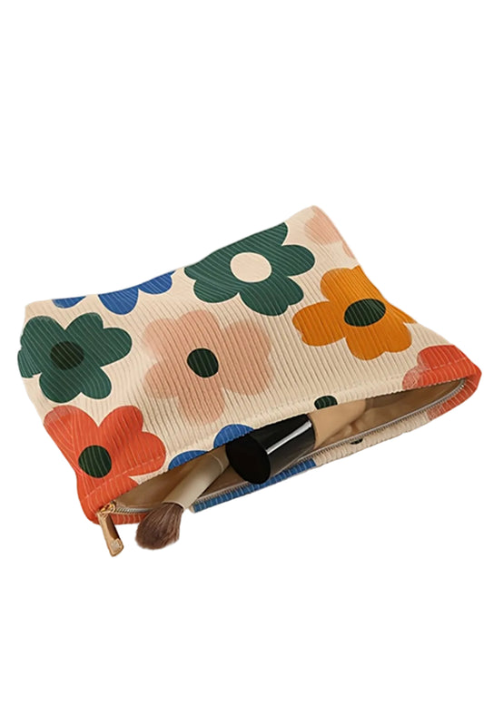 White Floral Print Corduroy Minimalist Storage Bag