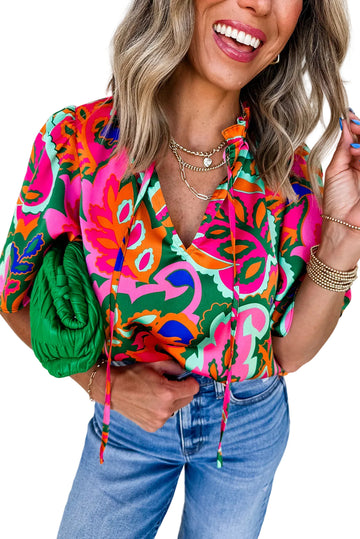 Rose Summer Plant Print Lace up V Neck Short Sleeve Blouse