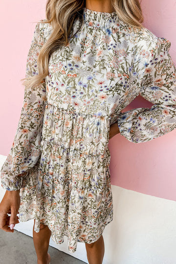 Long Sleeved Shirred Mock Neck Mini Tiered Dress with Liner and Shirred Sleeve Tips