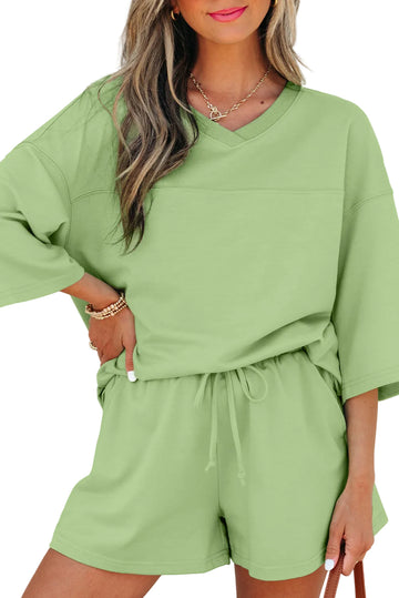 Meadow Mist Green Solid Loose V Neck Half Sleeve Tee and Shorts