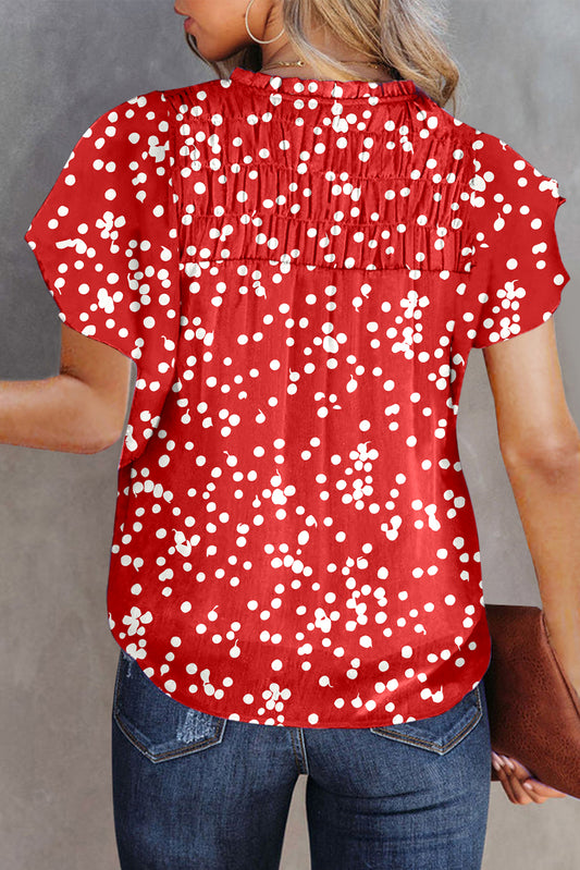 Red Polka Dot Print Frilly Smocked Neck Short Sleeve Blouse