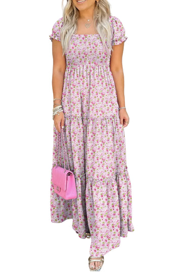 Pink Floral Short Bubble Sleeve Shirred High Waist Maxi Dress