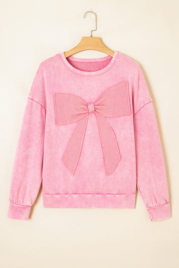 Bright Pink Mineral Wash Big Bow Patchwork Pullover Sweatshirt