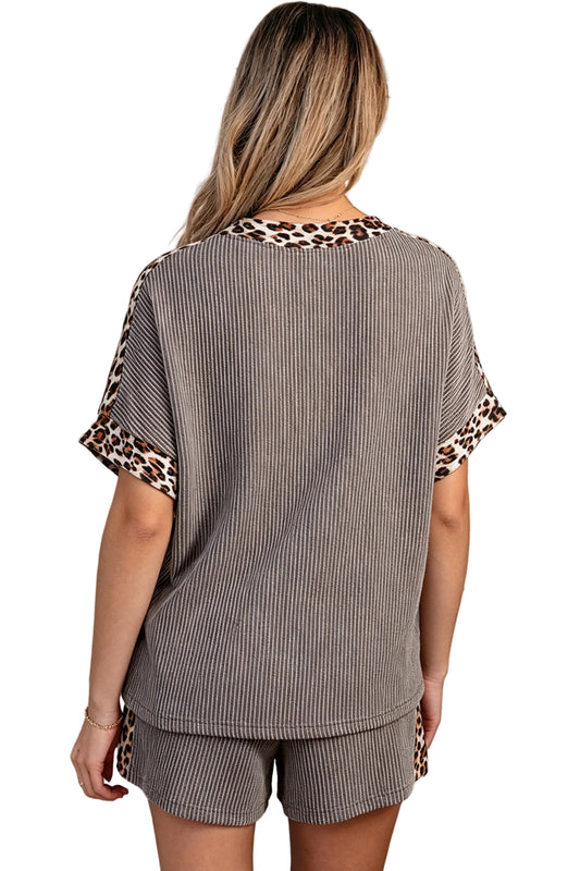 Light Grey Leopard Trim Twist Ribbed Short Set