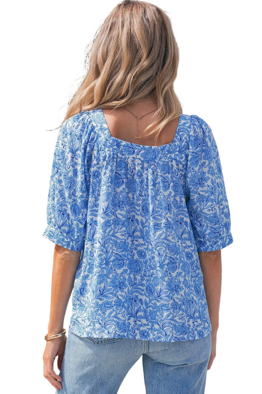 Sky Blue Square Neck Short Puff Sleeve Pleated Floral Blouse