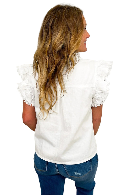 White Frilled Collar Flutter Sleeve Denim Top