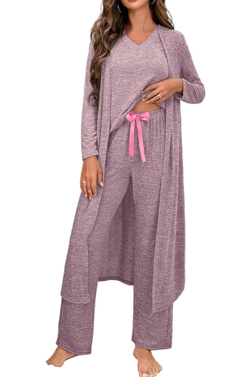 Delicacy 3pcs V Neck T Shirt Ribbon Knot Pants Open Duster 3pcs Lounge Set
