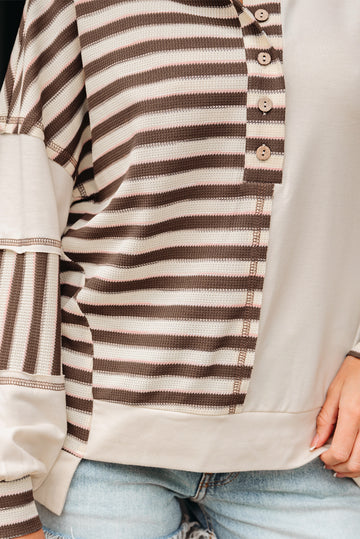 Khaki Stripe Stitched Detail Color Block Patchwork Oversized Pullover Top