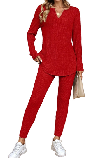 Racing Red Ribbed Notched Neck Knit Long Sleeve Leggings Two Pieces Lounge Set