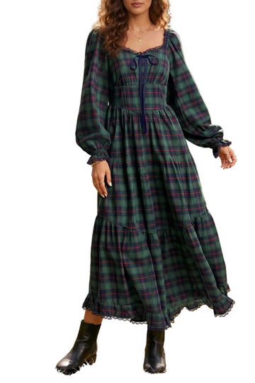 Green Vintage Plaid Square Neck Lace Trim Long Sleeve Shift Dress