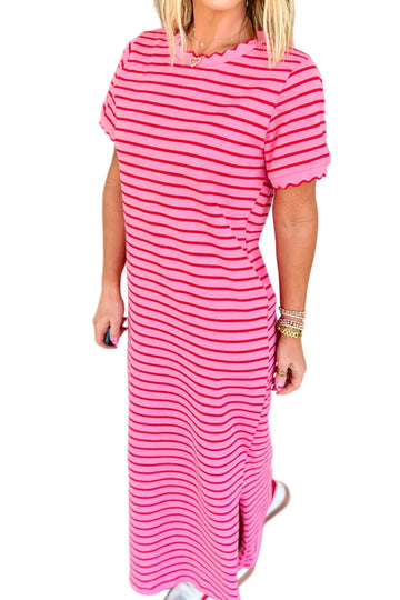 Rose Stripe Striped Short Sleeve Scalloped Trim Side Slit T-Shirt Dress