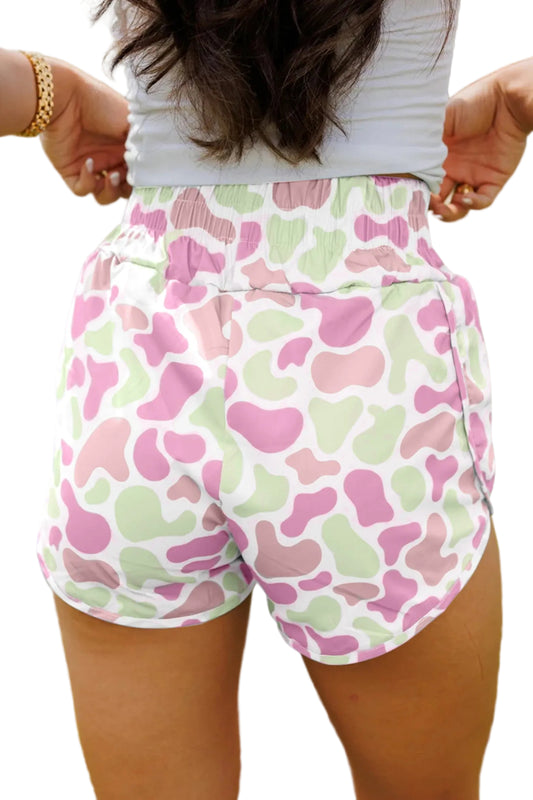 Green Camouflage Print Shirred High Waist Athleisure Shorts