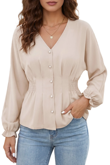 Oatmeal V Neck Long Sleeve Smocked Waist Elegant Blouse
