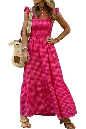 Red Plaid Square Neck Fit-and-flared Vacation Sundress