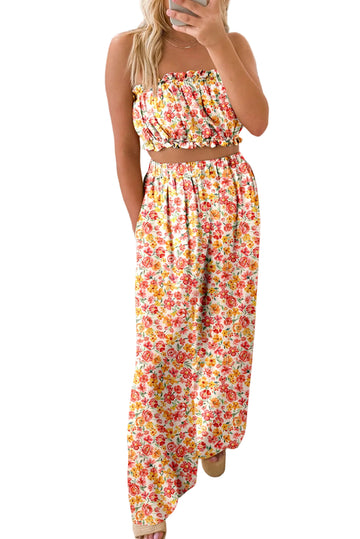 Pink Boho Floral Bandeau Top and High Waist Wide Leg Pants Set