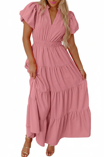 Gossamer Pink Solid Color V Neck Short Puff Sleeve High Waist Tiered Maxi Dress