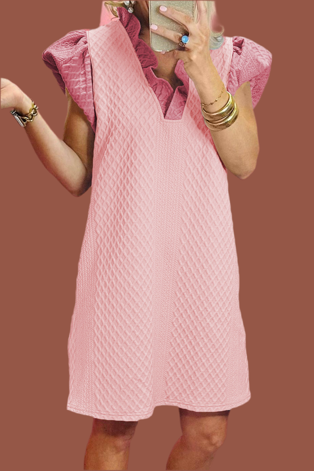Light Pink Textured Puff Sleeve Ruffled V Neck Shift Mini Dress