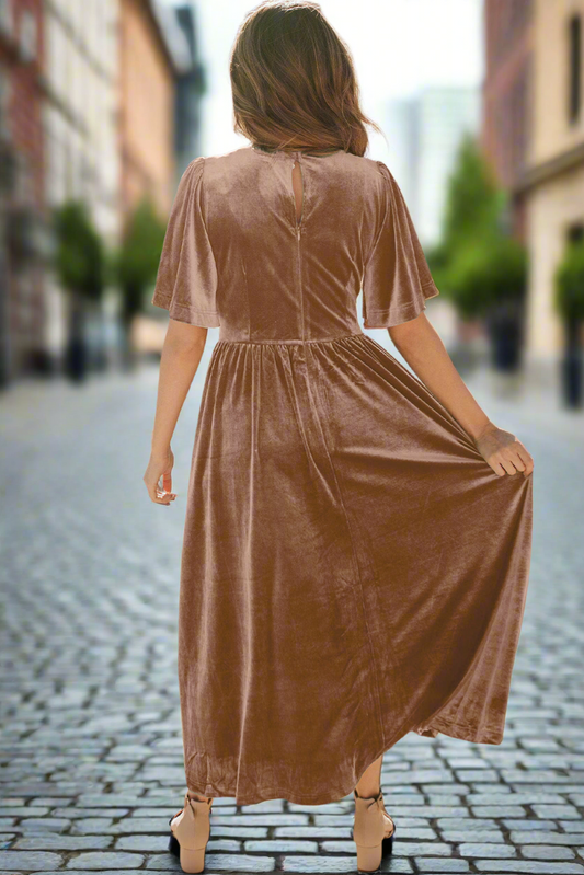 Chestnut Velvet Lacy V Neckline Short Sleeve Empire Waist Flowy Maxi Dress