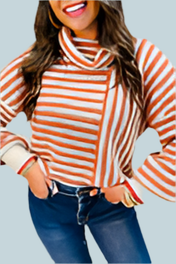 Orange Stripe Cowl Neck Drop Shoulder Sweater