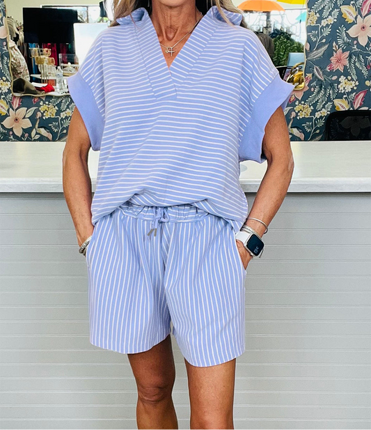 Sky Blue Stripe Dolman Sleeve Polo Shirt and Drawstring with Elastic Waist Combination Shorts Set