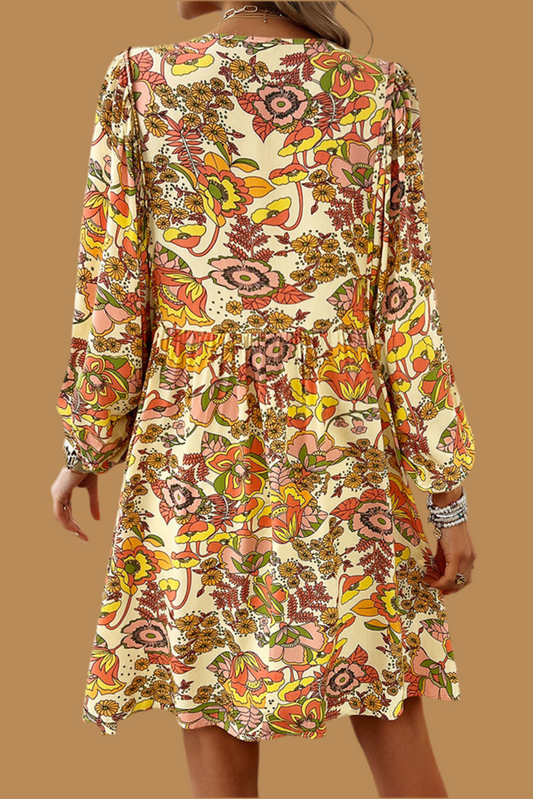 Yellow Cream Floral Print V Neck Puff Sleeve Mini Dress