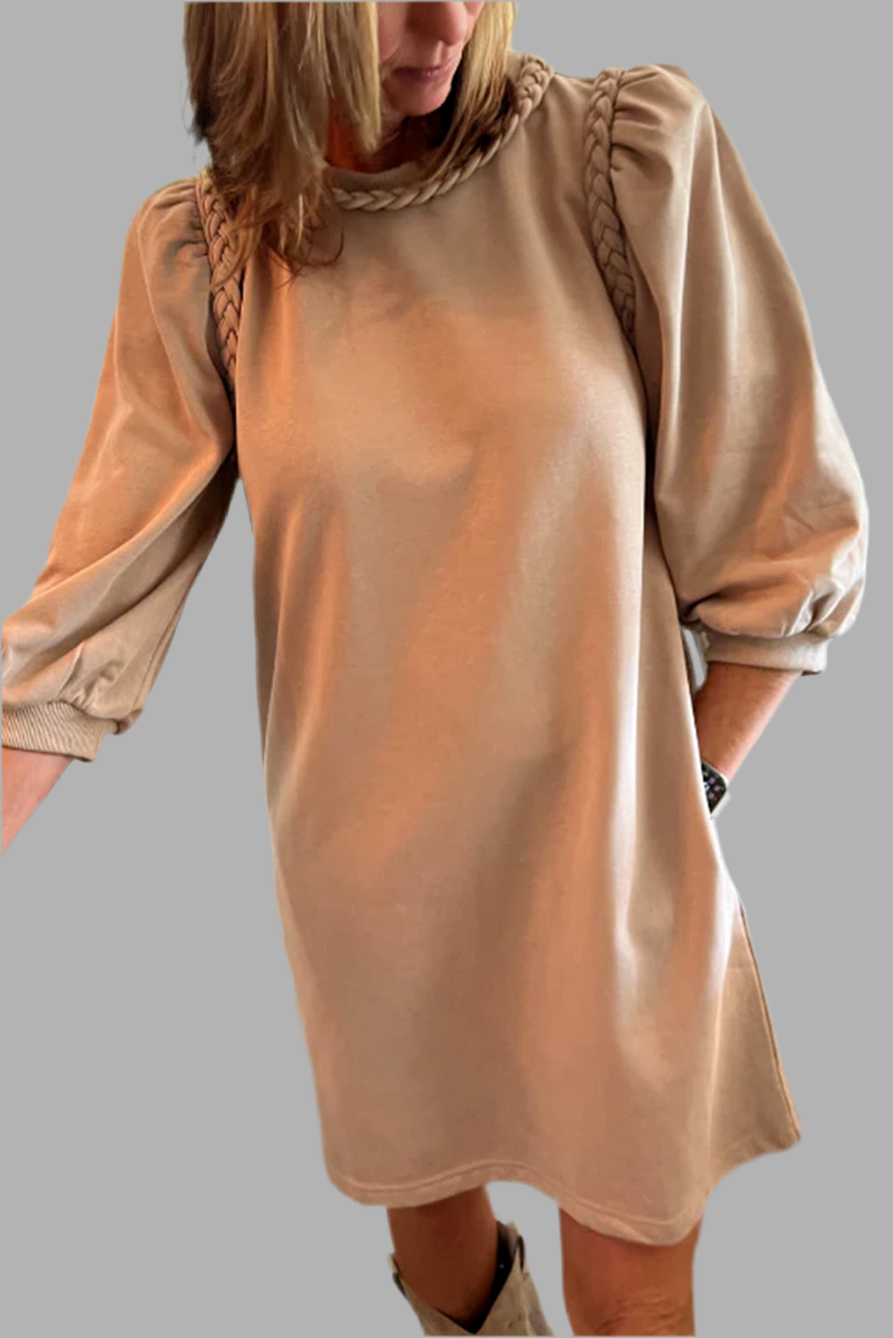 Light French Beige Braided Trim Puff Sleeve Dress