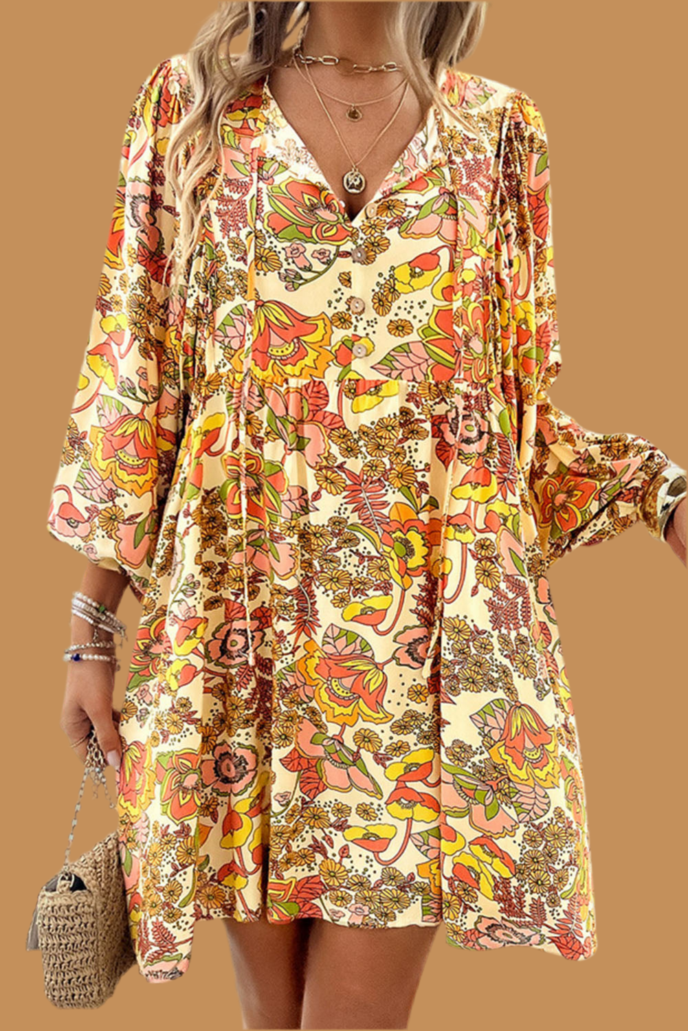 Yellow Cream Floral Print V Neck Puff Sleeve Mini Dress