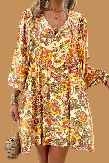 Yellow Cream Floral Print V Neck Puff Sleeve Mini Dress