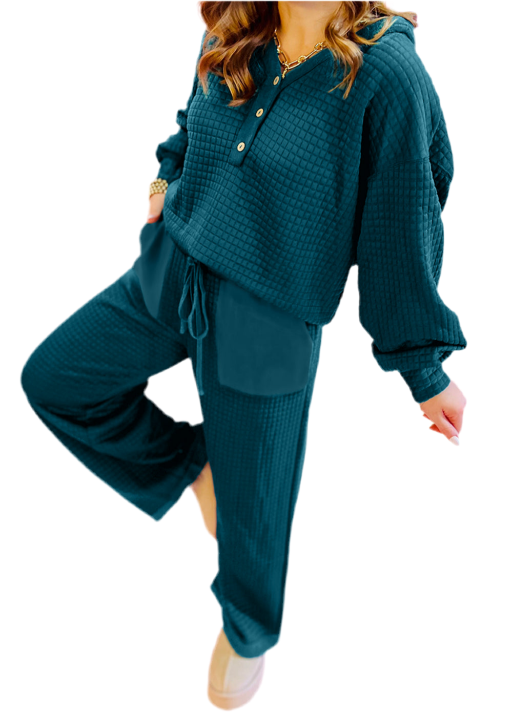 Skobeloff Waffled Textured Raw Edge Patchwork 2pcs Loose Pant Set
