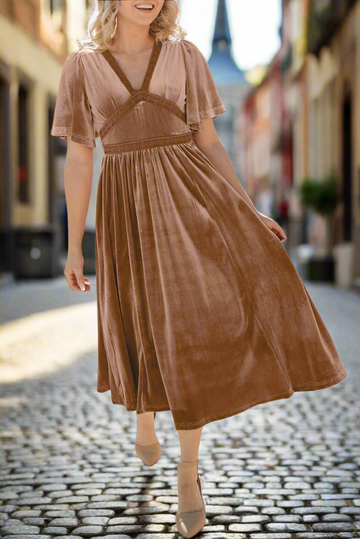 Chestnut Velvet Lacy V Neckline Short Sleeve Empire Waist Flowy Maxi Dress