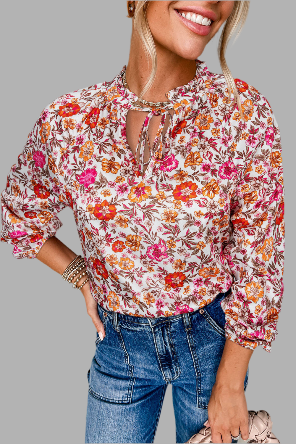 Pink Floral Print Tie Split Neck Bracelet Sleeve Blouse