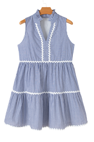 Blue Stripe Sleeveless Notched V Neck Contrast Ric Rac Mini Dress