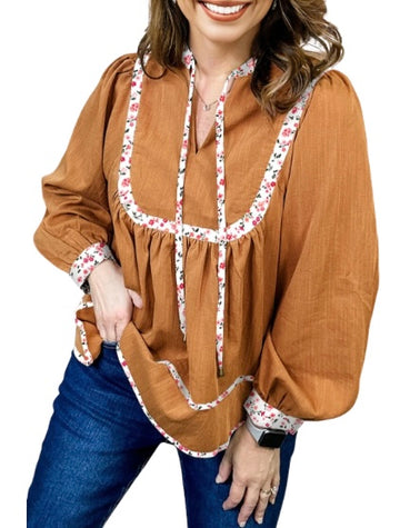 Straw Yellow Split Neck Pleated Floral Trim Long Puff Sleeve Blouse