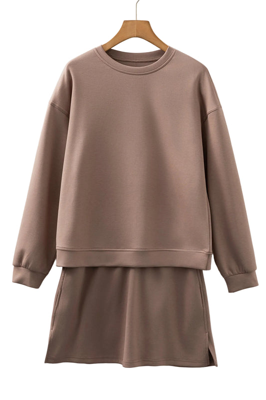 Coffee Solid Color Drop Shoulder Pullover Drawstring Mini Skirt 2pcs Outfit