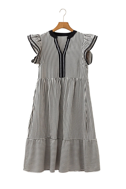 Black Stripe Double Ruffled Short Sleeve Contrast Trim V Neck Midi Dress