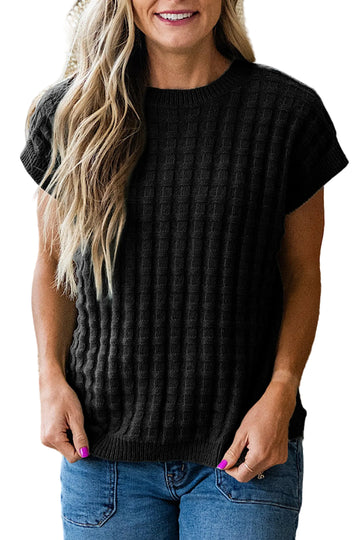 Black Solid Color Round Neck Textured Short Sleeve Sweater