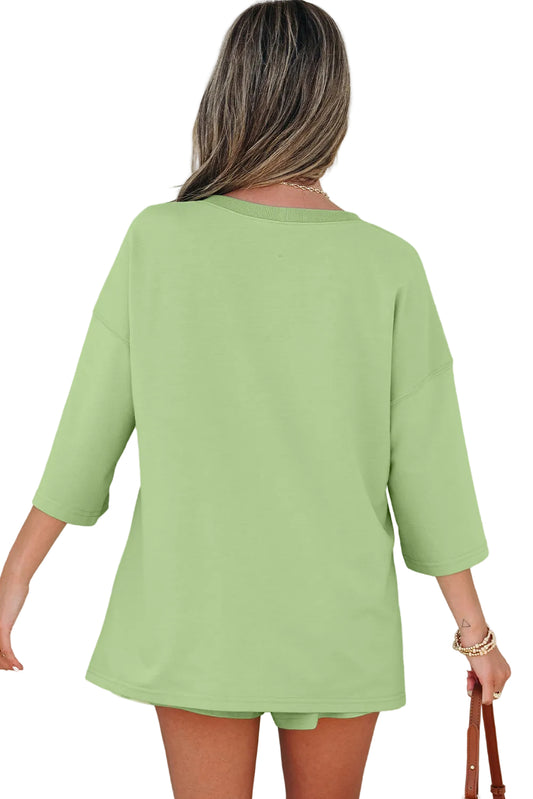 Meadow Mist Green Solid Loose V Neck Half Sleeve Tee and Shorts