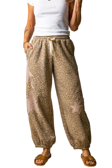 Khaki Leopard Print Star Patched Drawstring Elastic Waist Jogger Pants