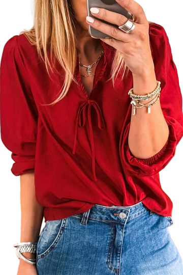 Fiery Red Solid Color Frilled V Neck Bow Detail 3/4 Sleeve Blouse