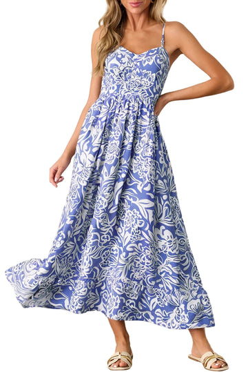 Sky Blue Floral Print Spaghetti Strap High Waist Maxi Dress