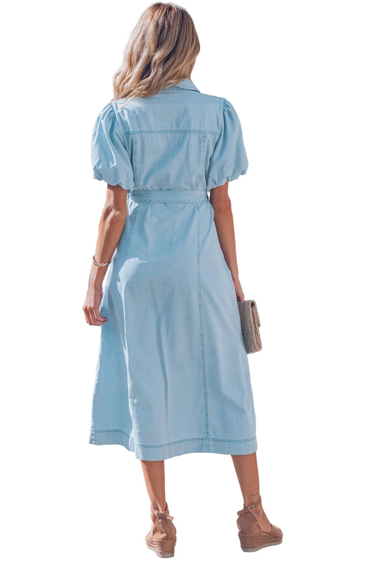 Beau Blue Full Buttons Collared Short Bubble Sleeve Long Denim Dress