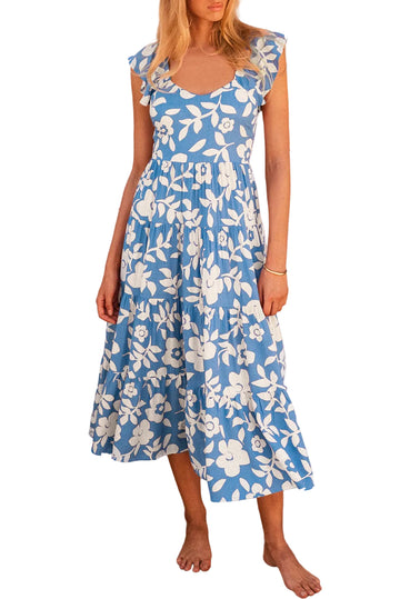 Sky Blue Floral U Neck Flutter Shoulder Tiered Flowy Midi Dress