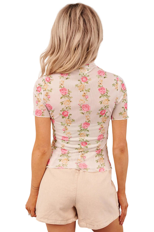 Beige Floral Print Mock Neck Short Sleeve Mesh Top
