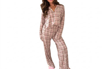 Pink Plaid Patch Pockets Long Sleeve Lounge Set