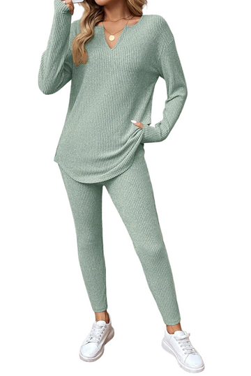 Grass Green Ribbed Notched Neck Knit Long Sleeve Leggings Two Pieces Lounge Set