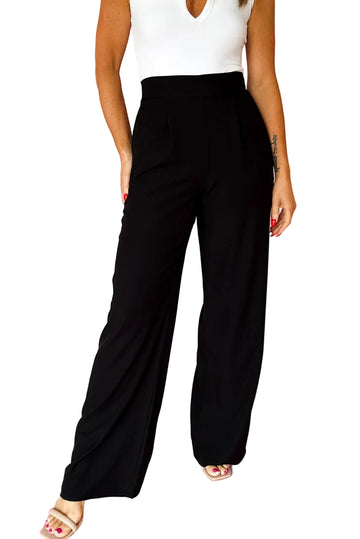 Black Pleated Detail Pull On High Elastic Waist Loose Straight Pants
