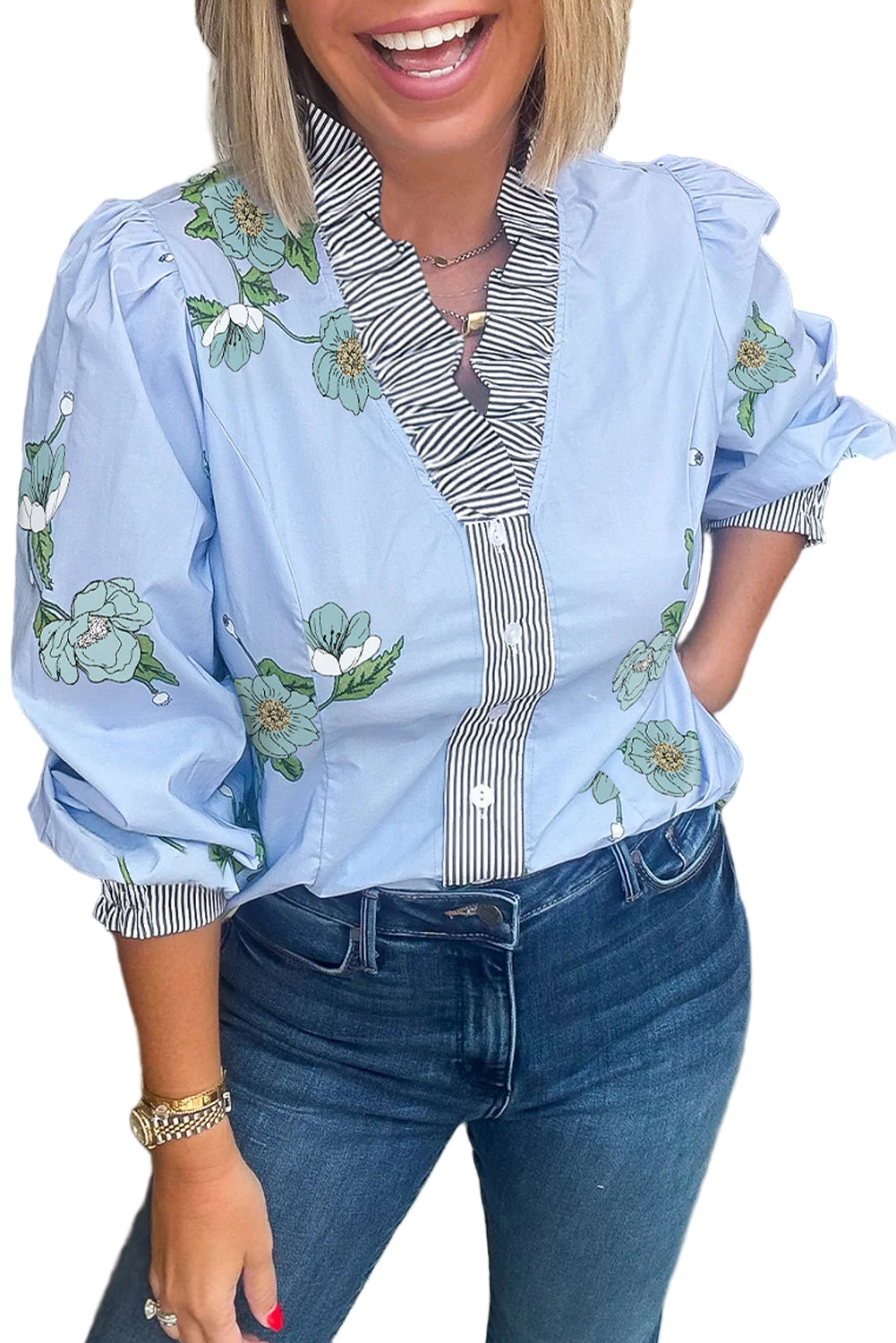 Sky Blue Floral Print Contrast Striped Trim Ruffled V Neck Fall Blouse