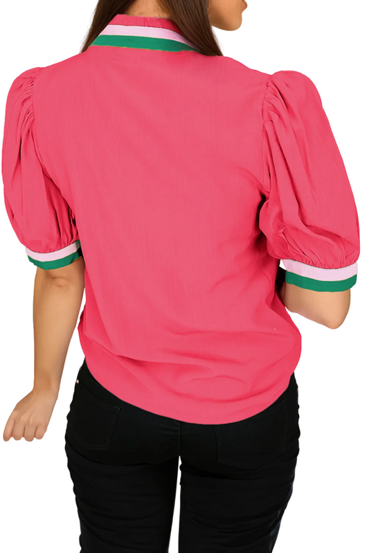 Carrot Colorful Trim V Neck Short Sleeve Blouse