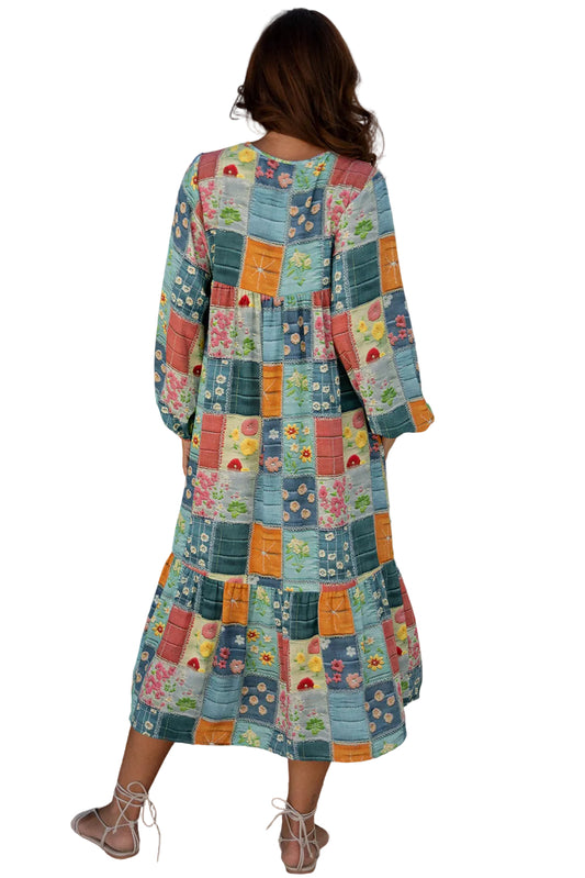 Sky Blue Mix Floral Checkered Pattern Bubble Sleeve Ruffle Hem Dress